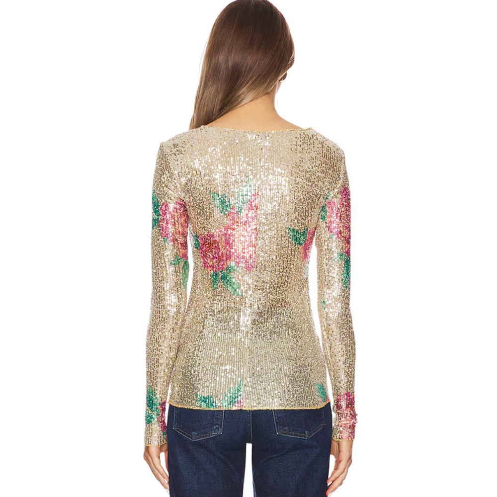 Free People Printed Gold Rush Sequin Top Long Sleeve Champagne Combo Medium NWT - Picture 4 of 11